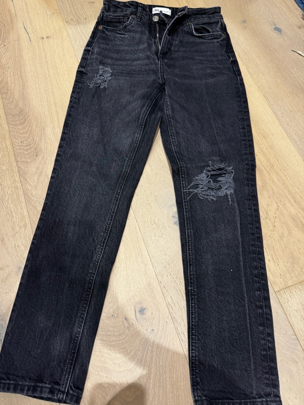 Zara Black Straight-Leg Distressed Jeans